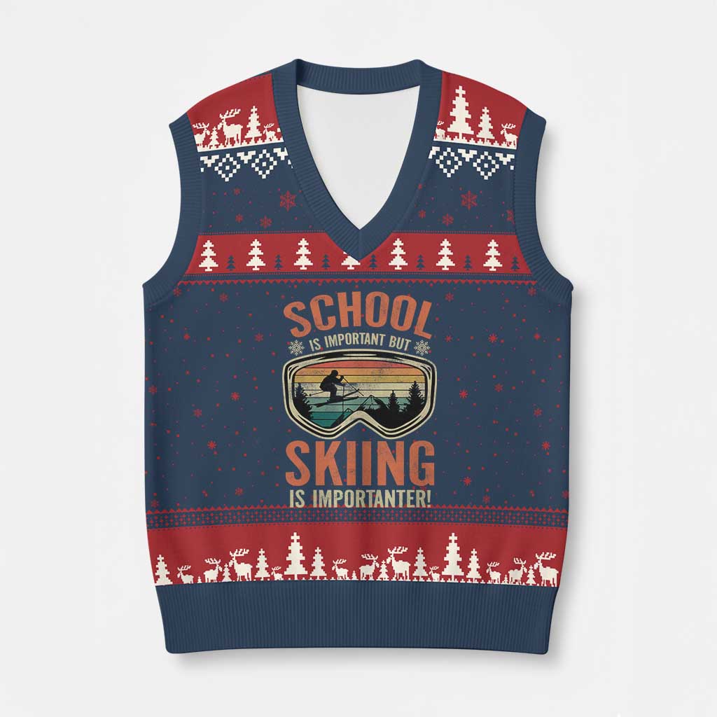 Funny School Is Important But Skiing Is Importanter V-Neck Knit Sweater Vest - Wonder Print Shop