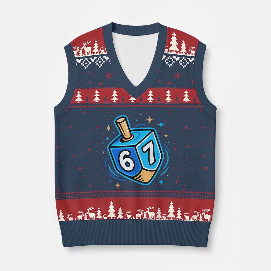 Funny 67 Hanukkah Dreidel V-Neck Knit Sweater Vest Chanukah Star Of David - Wonder Print Shop