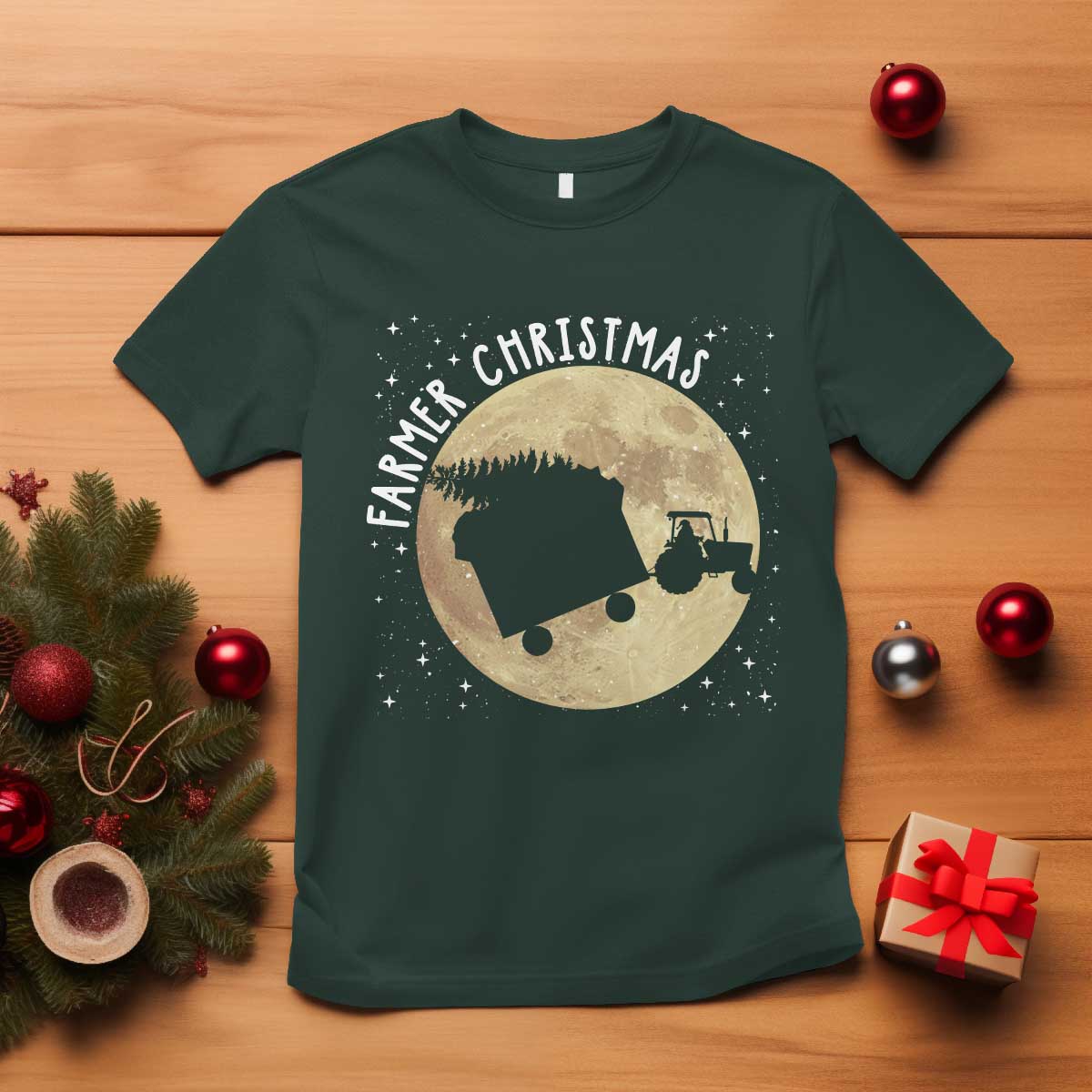 Funny Farmer Christmas T Shirt Xmas Santa Farm Tractor Moon - Wonder Print Shop