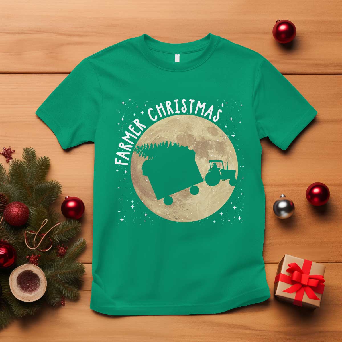 Funny Farmer Christmas T Shirt Xmas Santa Farm Tractor Moon - Wonder Print Shop