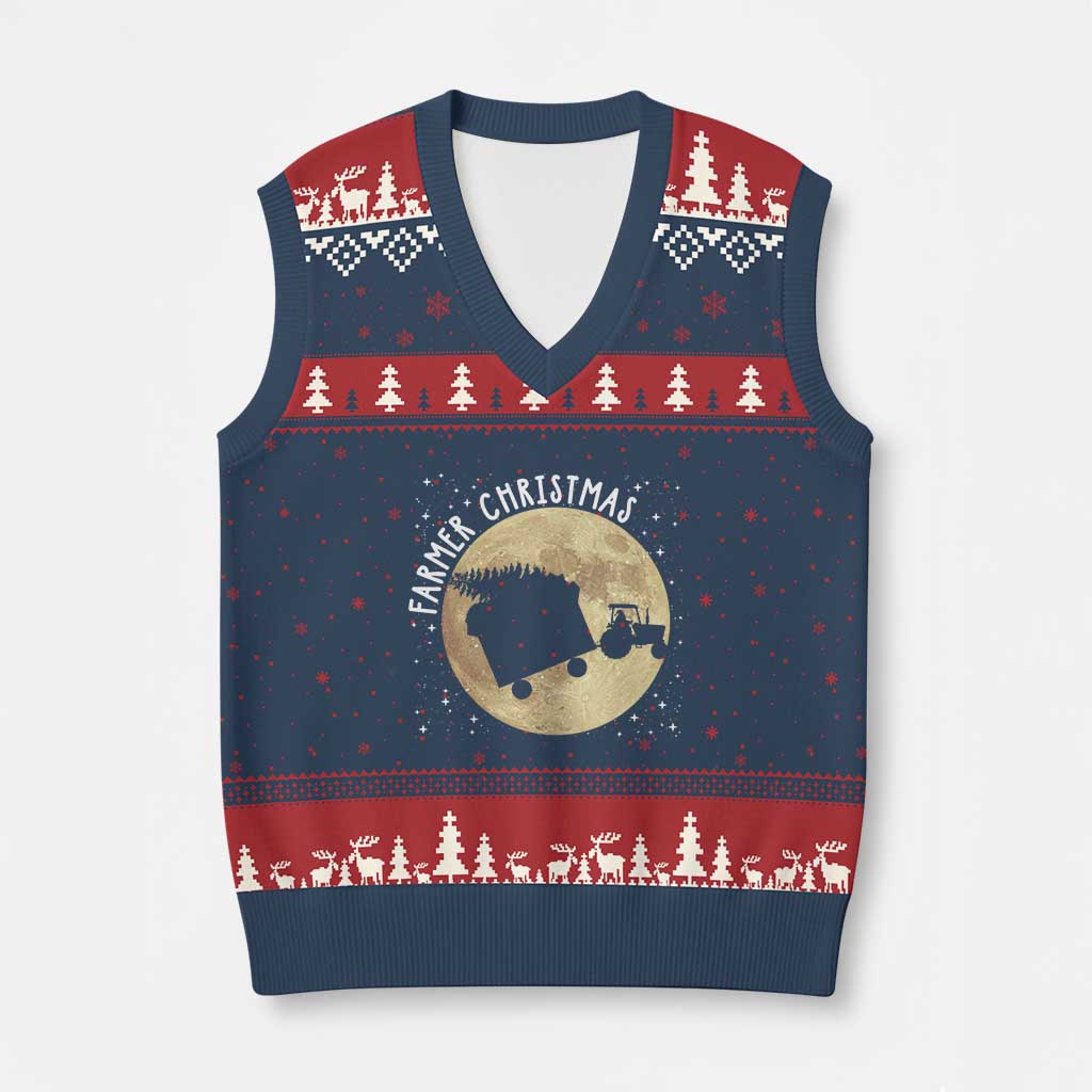 Funny Farmer Xmas V-Neck Knit Sweater Vest Xmas Santa Farm Tractor Moon - Wonder Print Shop