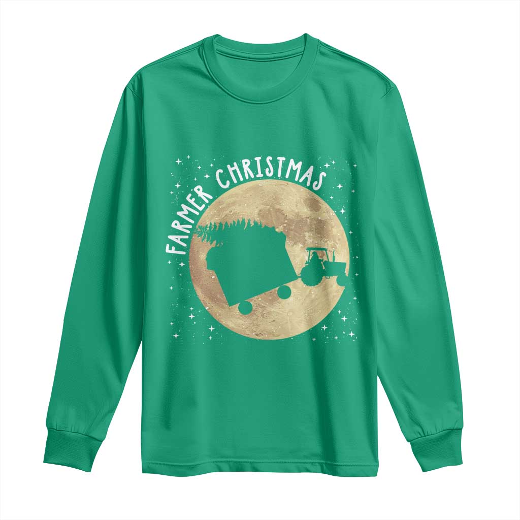 Funny Farmer Christmas Long Sleeve Shirt Xmas Santa Farm Tractor Moon - Wonder Print Shop