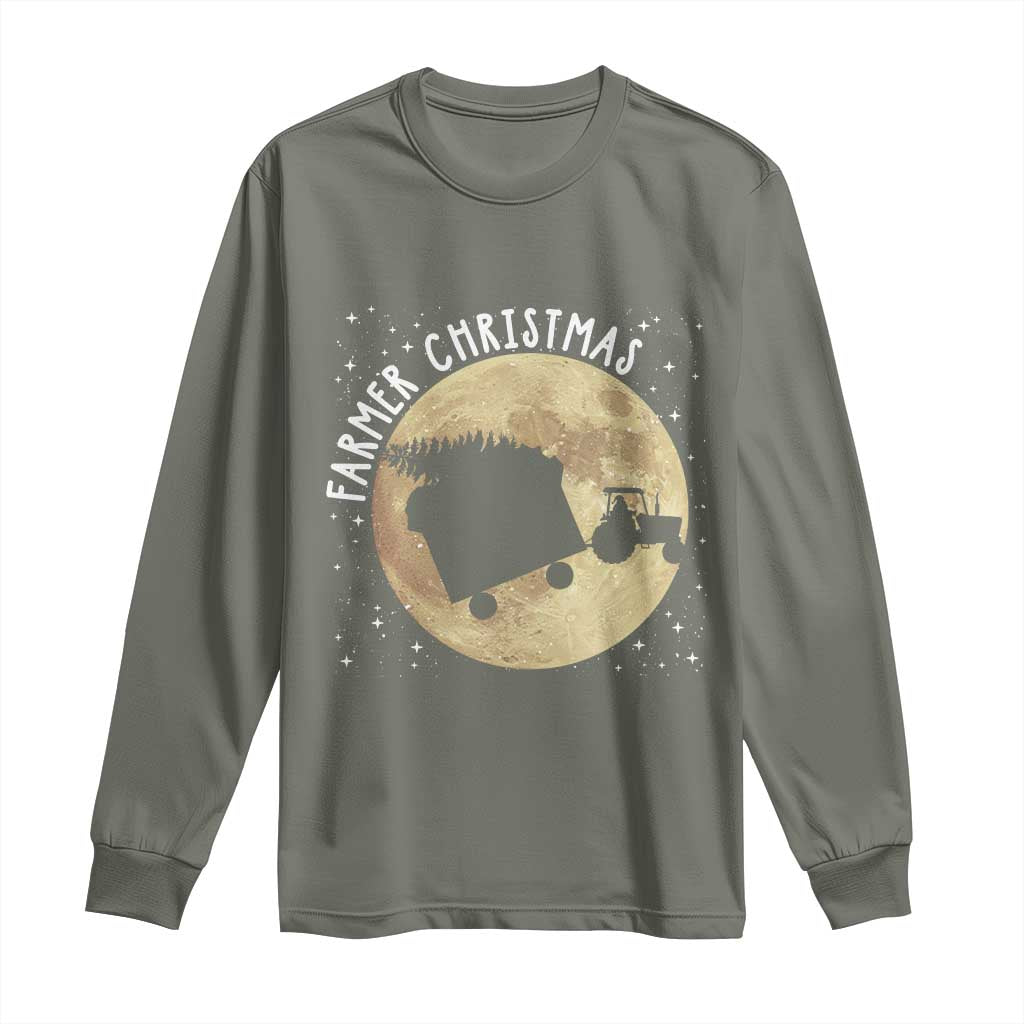 Funny Farmer Christmas Long Sleeve Shirt Xmas Santa Farm Tractor Moon - Wonder Print Shop