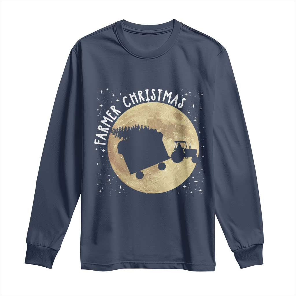 Funny Farmer Christmas Long Sleeve Shirt Xmas Santa Farm Tractor Moon - Wonder Print Shop