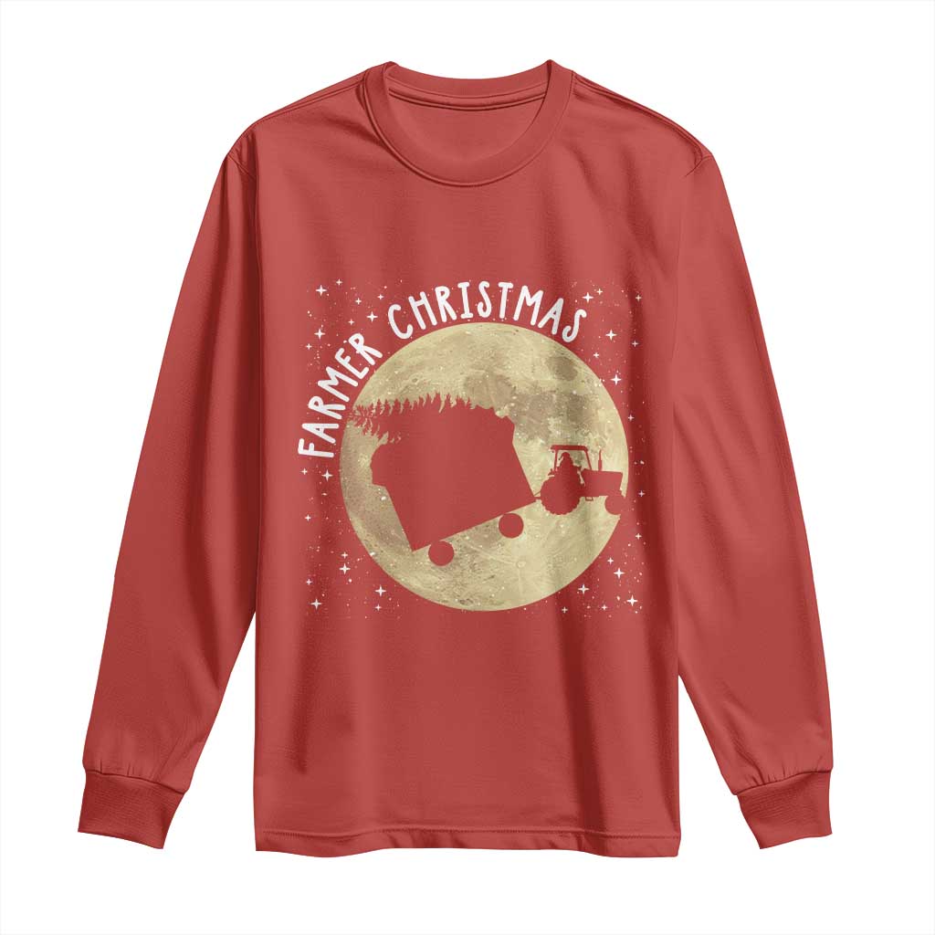 Funny Farmer Christmas Long Sleeve Shirt Xmas Santa Farm Tractor Moon - Wonder Print Shop