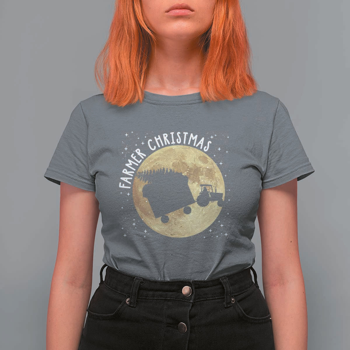 Funny Farmer Christmas T Shirt For Women Xmas Santa Farm Tractor Moon - Wonder Print Shop