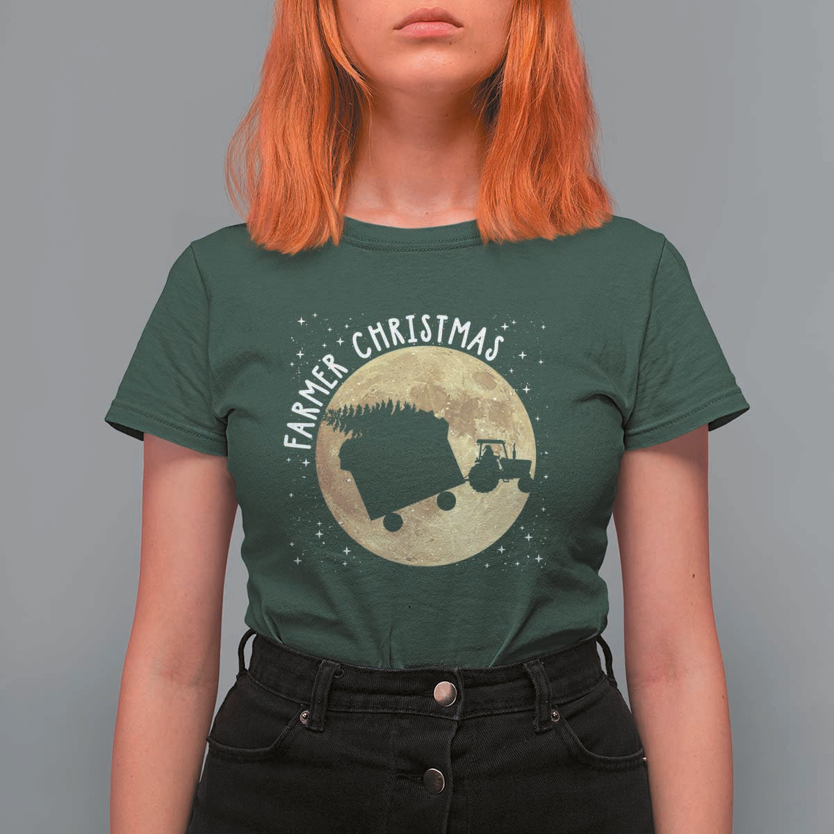 Funny Farmer Christmas T Shirt For Women Xmas Santa Farm Tractor Moon - Wonder Print Shop