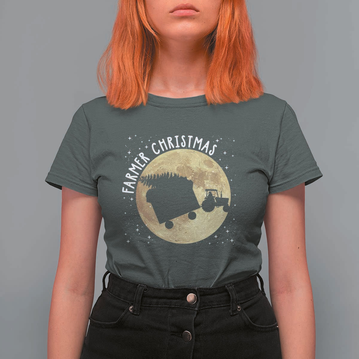 Funny Farmer Christmas T Shirt For Women Xmas Santa Farm Tractor Moon - Wonder Print Shop