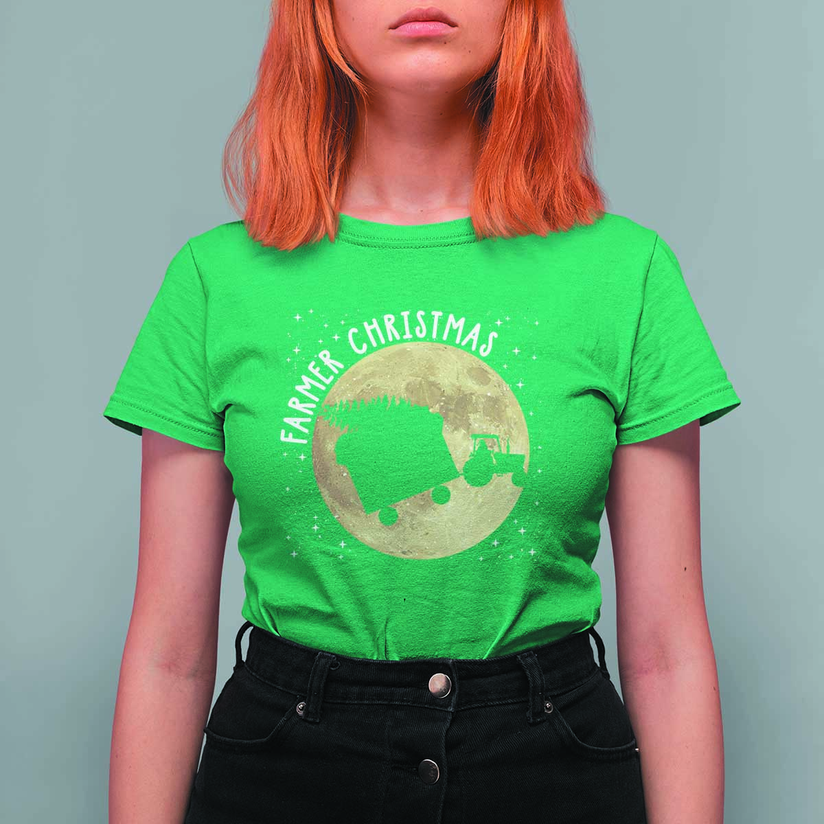 Funny Farmer Christmas T Shirt For Women Xmas Santa Farm Tractor Moon - Wonder Print Shop