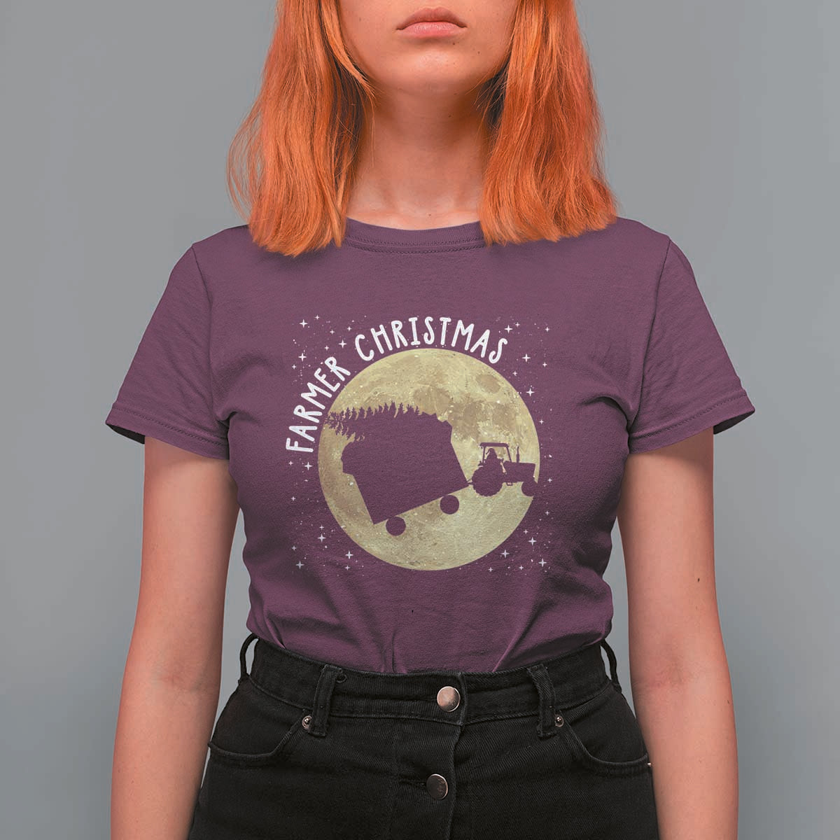 Funny Farmer Christmas T Shirt For Women Xmas Santa Farm Tractor Moon - Wonder Print Shop
