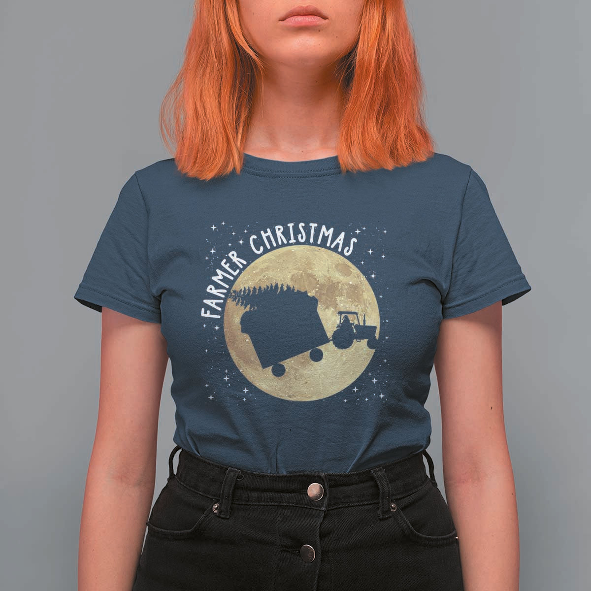 Funny Farmer Christmas T Shirt For Women Xmas Santa Farm Tractor Moon - Wonder Print Shop