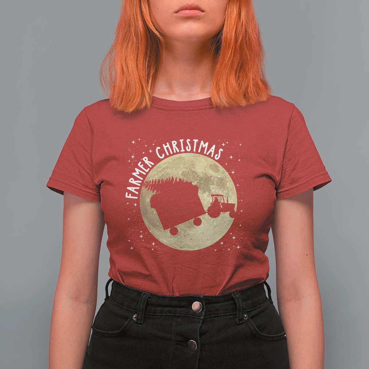 Funny Farmer Christmas T Shirt For Women Xmas Santa Farm Tractor Moon - Wonder Print Shop