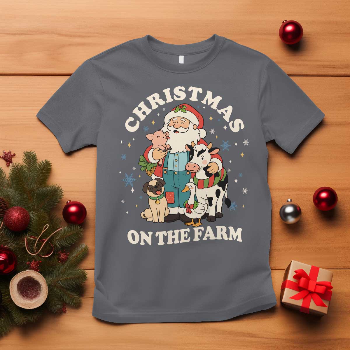 Funny Xmas On The Farm T Shirt Christmas Farmer Santa Claus Livestock - Wonder Print Shop