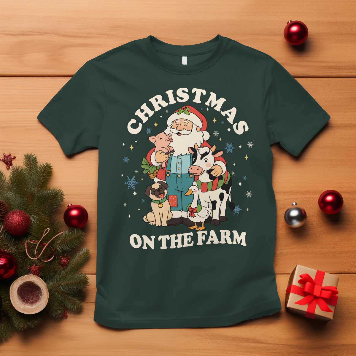Funny Xmas On The Farm T Shirt Christmas Farmer Santa Claus Livestock - Wonder Print Shop