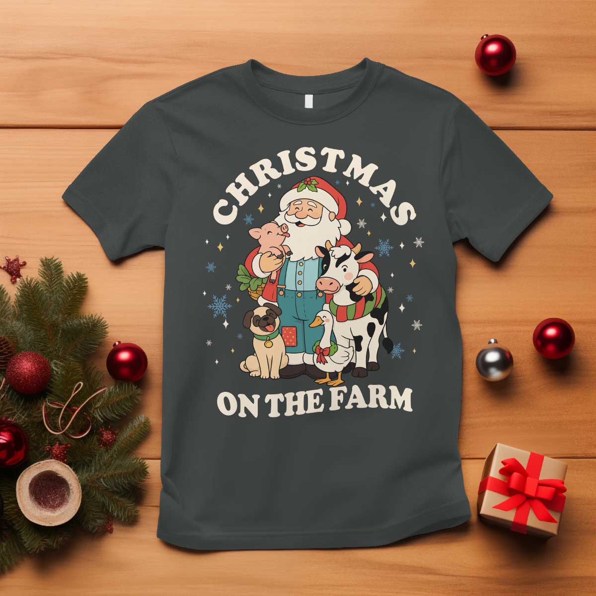 Funny Xmas On The Farm T Shirt Christmas Farmer Santa Claus Livestock - Wonder Print Shop