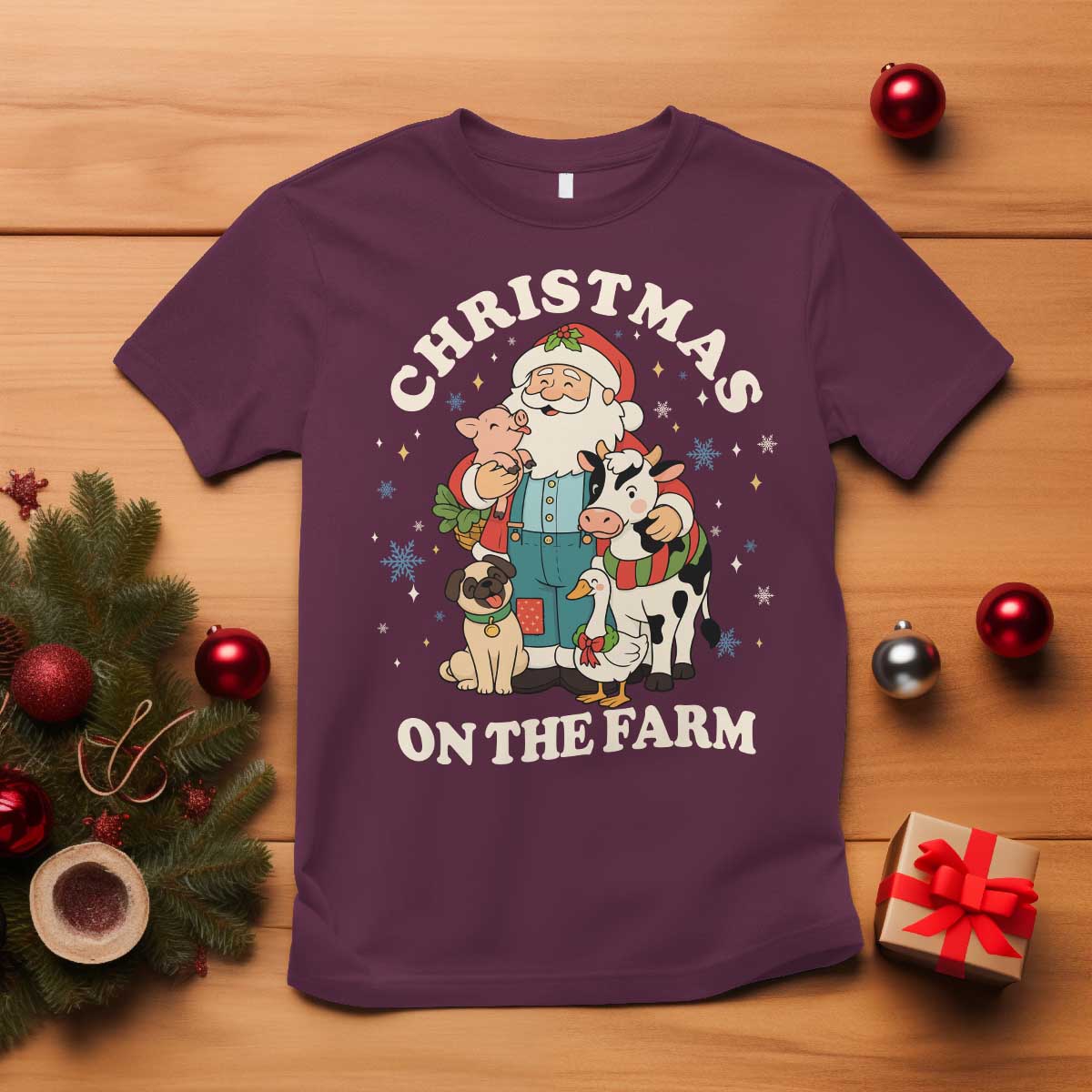Funny Xmas On The Farm T Shirt Christmas Farmer Santa Claus Livestock - Wonder Print Shop