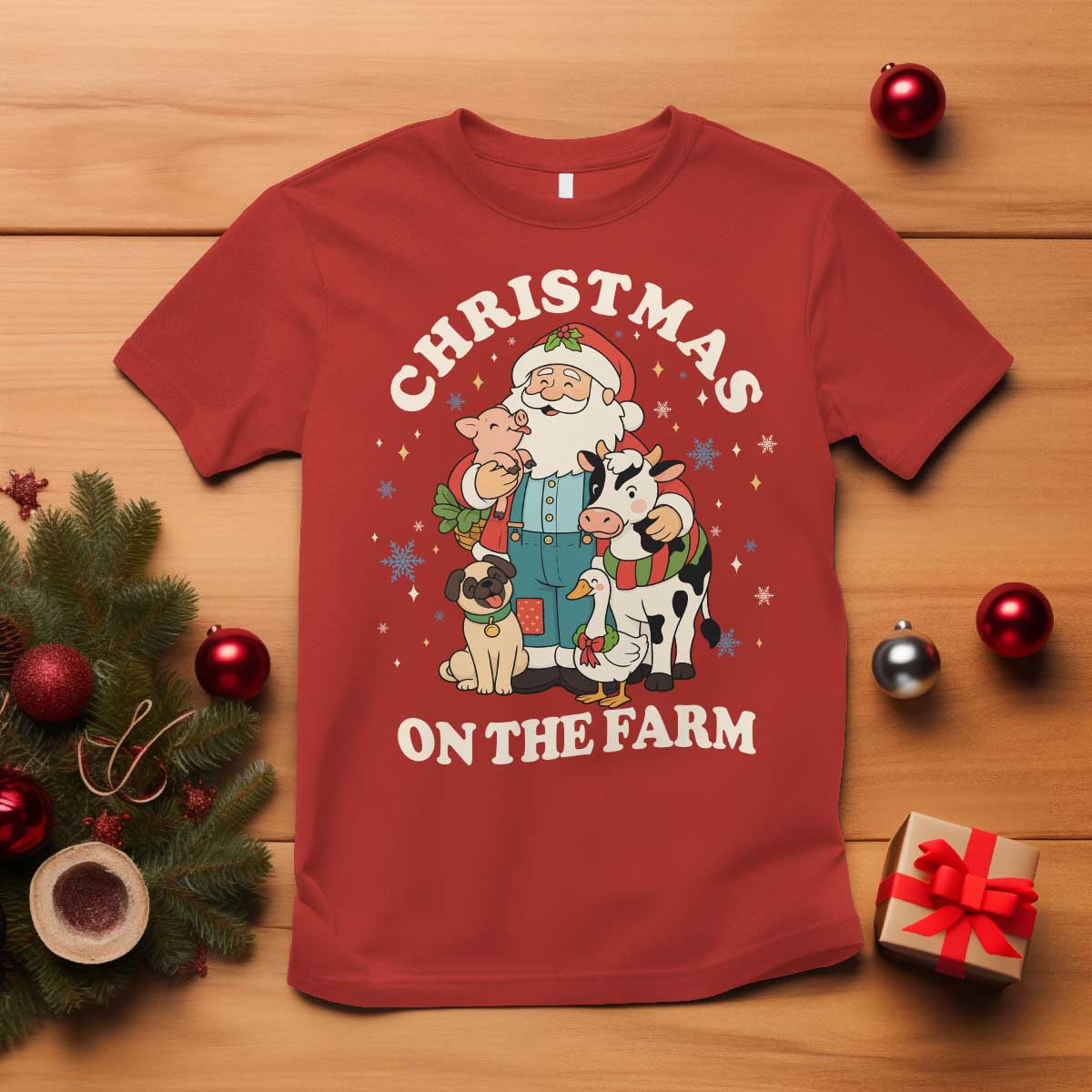 Funny Xmas On The Farm T Shirt Christmas Farmer Santa Claus Livestock - Wonder Print Shop