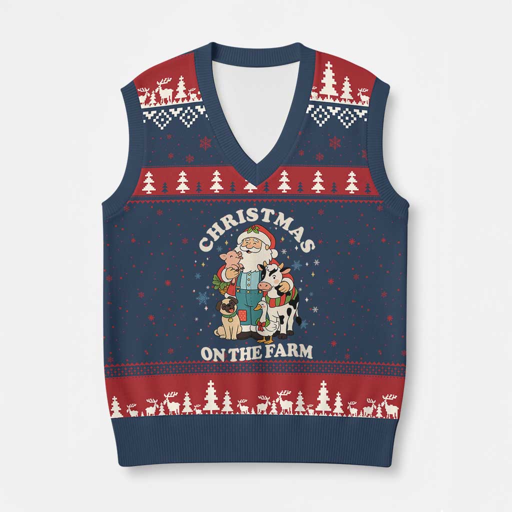 Funny Xmas On The Farm V-Neck Knit Sweater Vest Christmas Farmer Santa Claus Livestock - Wonder Print Shop