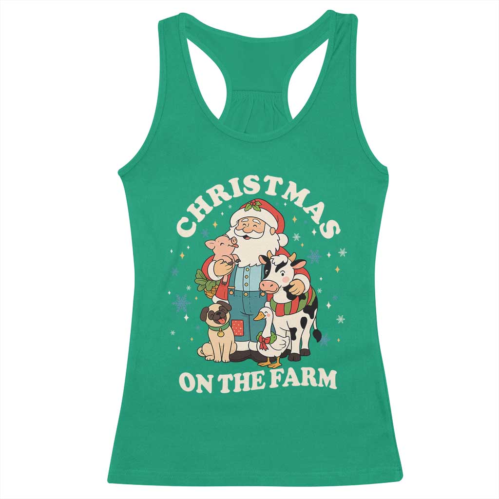 Funny Xmas On The Farm Racerback Tank Top Christmas Farmer Santa Claus Livestock - Wonder Print Shop