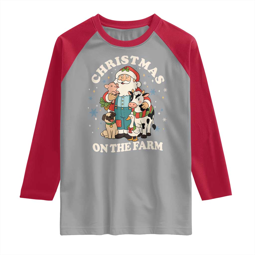 Funny Xmas On The Farm Raglan Shirt Christmas Farmer Santa Claus Livestock - Wonder Print Shop