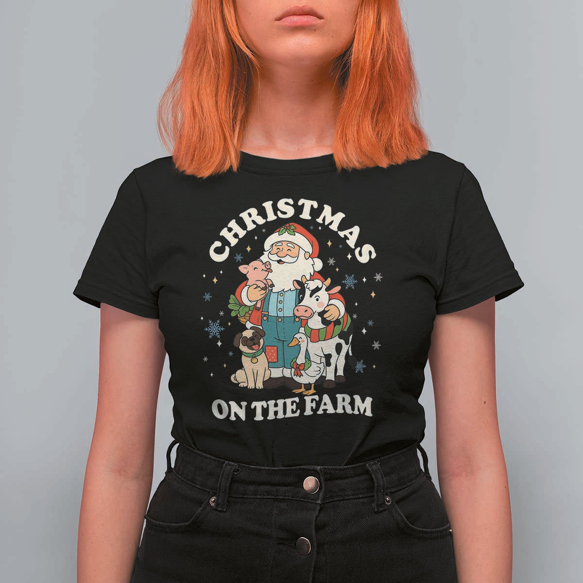 Funny Xmas On The Farm T Shirt For Women Christmas Farmer Santa Claus Livestock - Wonder Print Shop