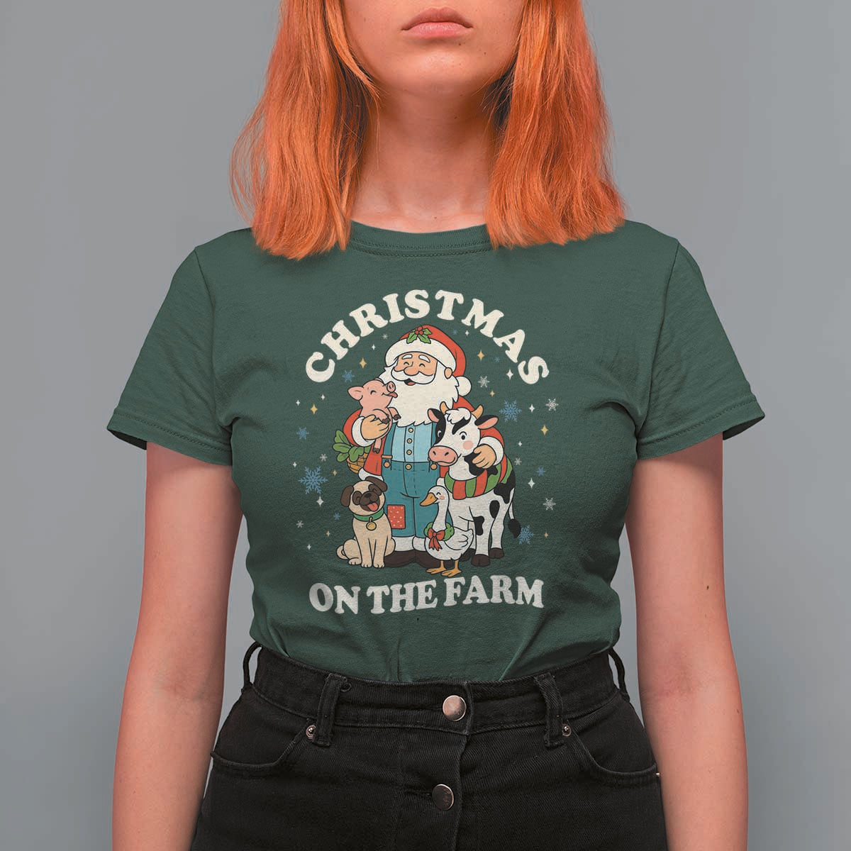 Funny Xmas On The Farm T Shirt For Women Christmas Farmer Santa Claus Livestock - Wonder Print Shop