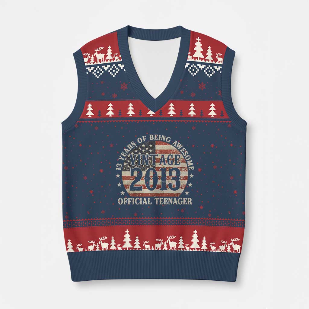 13th Birthday 2026 V-Neck Knit Sweater Vest Vintage 2013 Official Teenager 13 Years Of Being Awesome - Wonder Print Shop