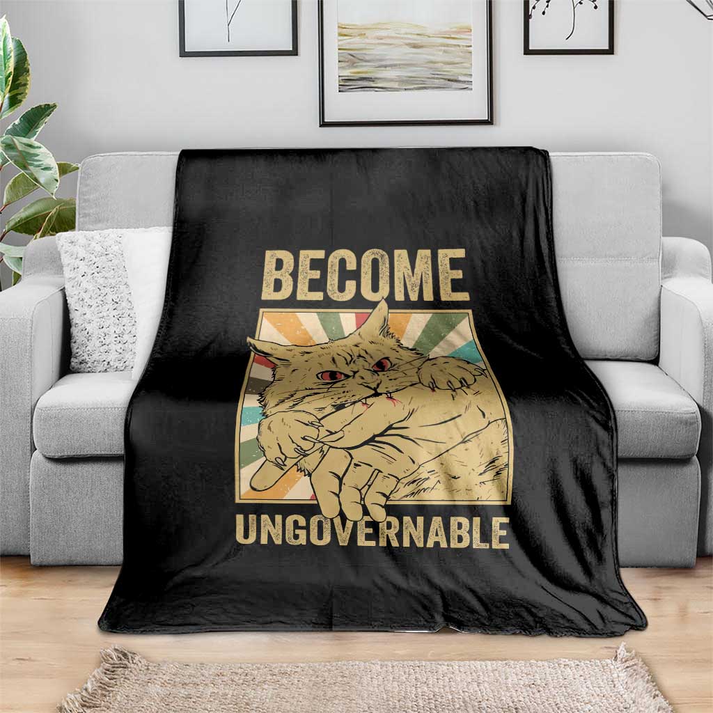 Become Ungovernable Cat Throw Blanket Funny Retro Cat Bite Horror Anime - Wonder Print Shop