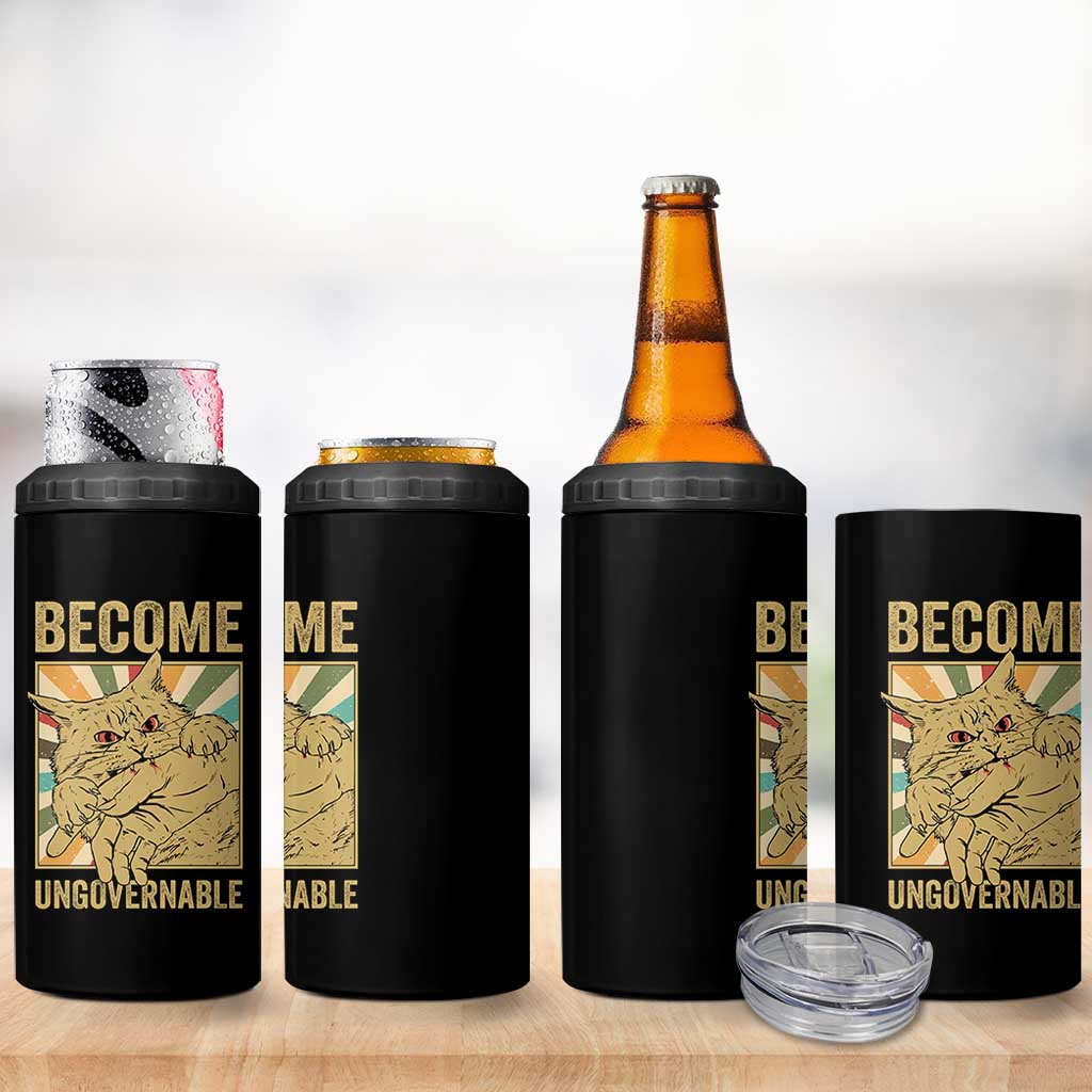 Become Ungovernable Cat 4 in 1 Can Cooler Tumbler Funny Retro Cat Bite Horror Anime - Wonder Print Shop