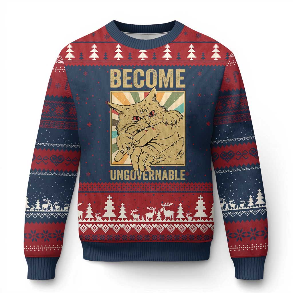 Become Ungovernable Cat Ugly Christmas Sweater Funny Retro Cat Bite Horror Anime - Wonder Print Shop