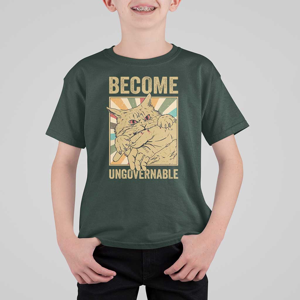 Become Ungovernable Cat T Shirt For Kid Funny Retro Cat Bite Horror Anime - Wonder Print Shop
