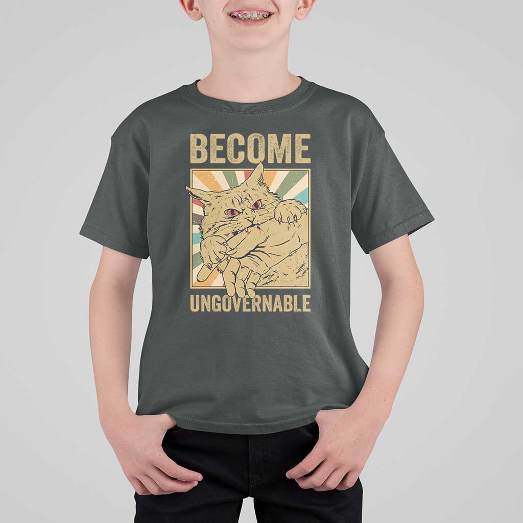 Become Ungovernable Cat T Shirt For Kid Funny Retro Cat Bite Horror Anime - Wonder Print Shop