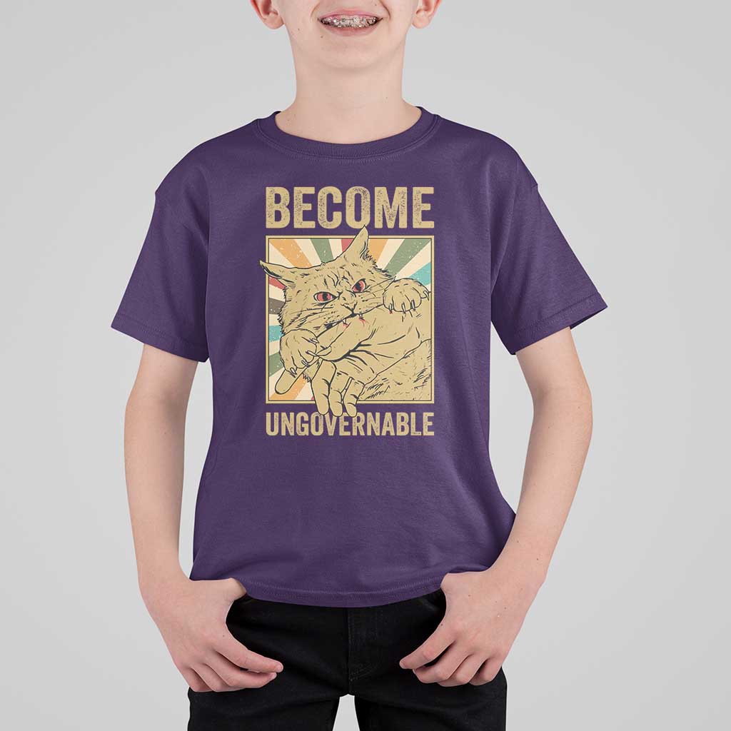 Become Ungovernable Cat T Shirt For Kid Funny Retro Cat Bite Horror Anime - Wonder Print Shop