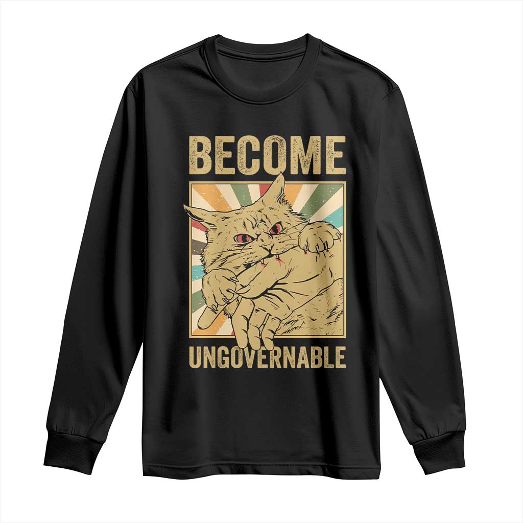 Become Ungovernable Cat Long Sleeve Shirt Funny Retro Cat Bite Horror Anime - Wonder Print Shop