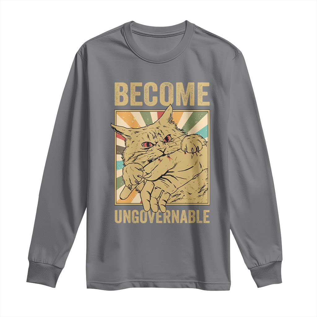 Become Ungovernable Cat Long Sleeve Shirt Funny Retro Cat Bite Horror Anime - Wonder Print Shop