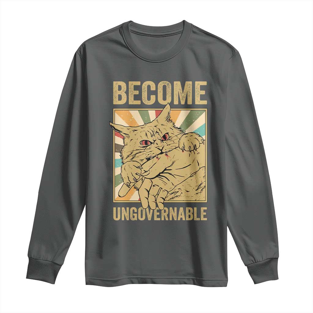 Become Ungovernable Cat Long Sleeve Shirt Funny Retro Cat Bite Horror Anime - Wonder Print Shop