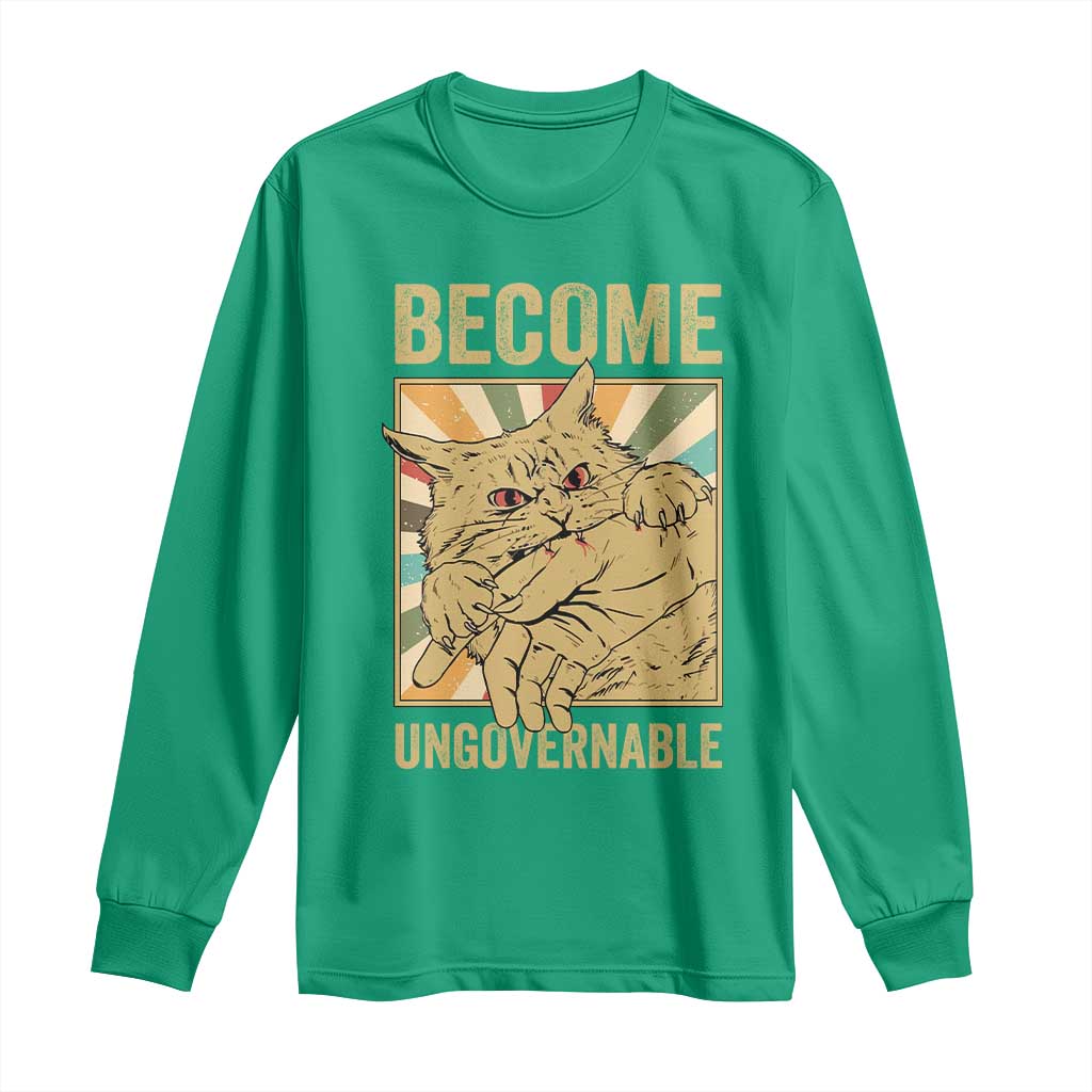 Become Ungovernable Cat Long Sleeve Shirt Funny Retro Cat Bite Horror Anime - Wonder Print Shop