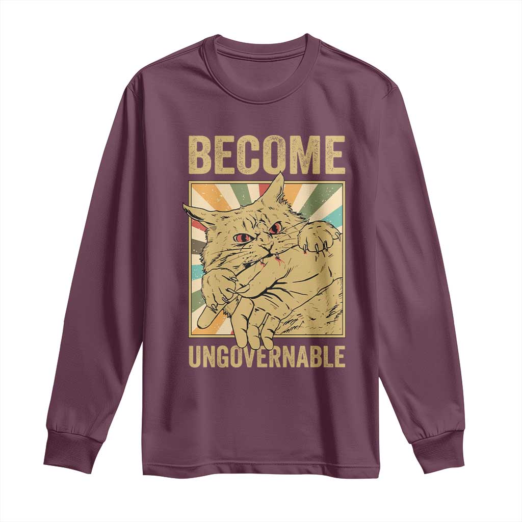 Become Ungovernable Cat Long Sleeve Shirt Funny Retro Cat Bite Horror Anime - Wonder Print Shop