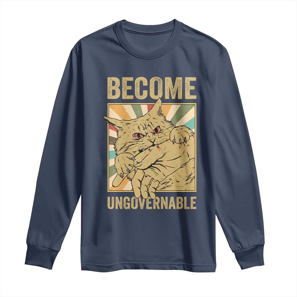 Become Ungovernable Cat Long Sleeve Shirt Funny Retro Cat Bite Horror Anime - Wonder Print Shop