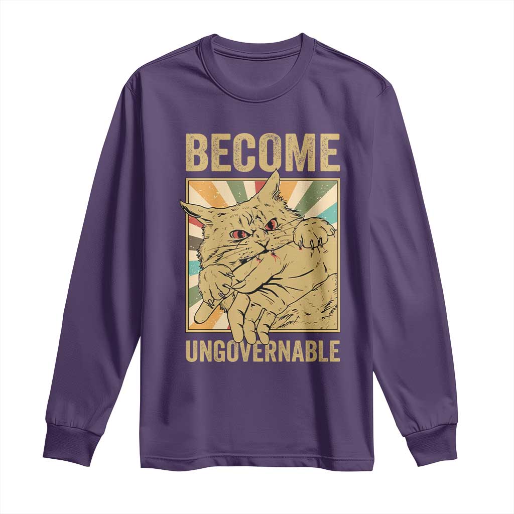 Become Ungovernable Cat Long Sleeve Shirt Funny Retro Cat Bite Horror Anime - Wonder Print Shop