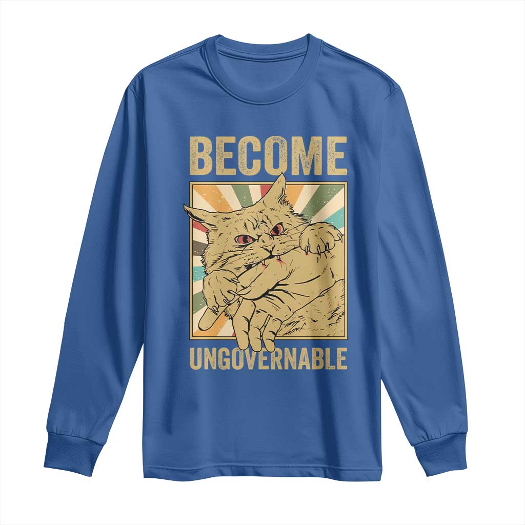 Become Ungovernable Cat Long Sleeve Shirt Funny Retro Cat Bite Horror Anime - Wonder Print Shop
