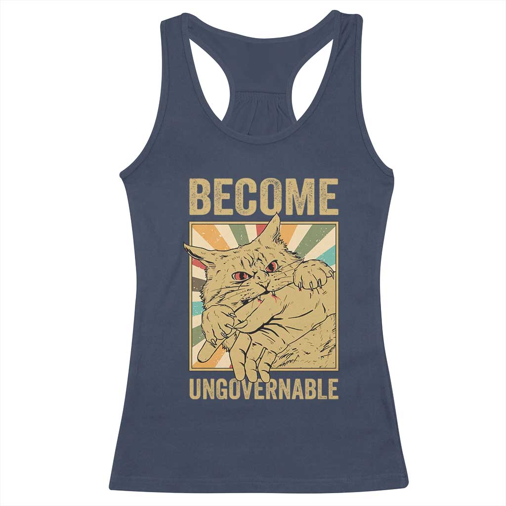 Become Ungovernable Cat Racerback Tank Top Funny Retro Cat Bite Horror Anime - Wonder Print Shop