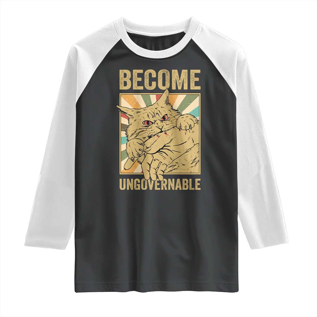 Become Ungovernable Cat Raglan Shirt Funny Retro Cat Bite Horror Anime - Wonder Print Shop