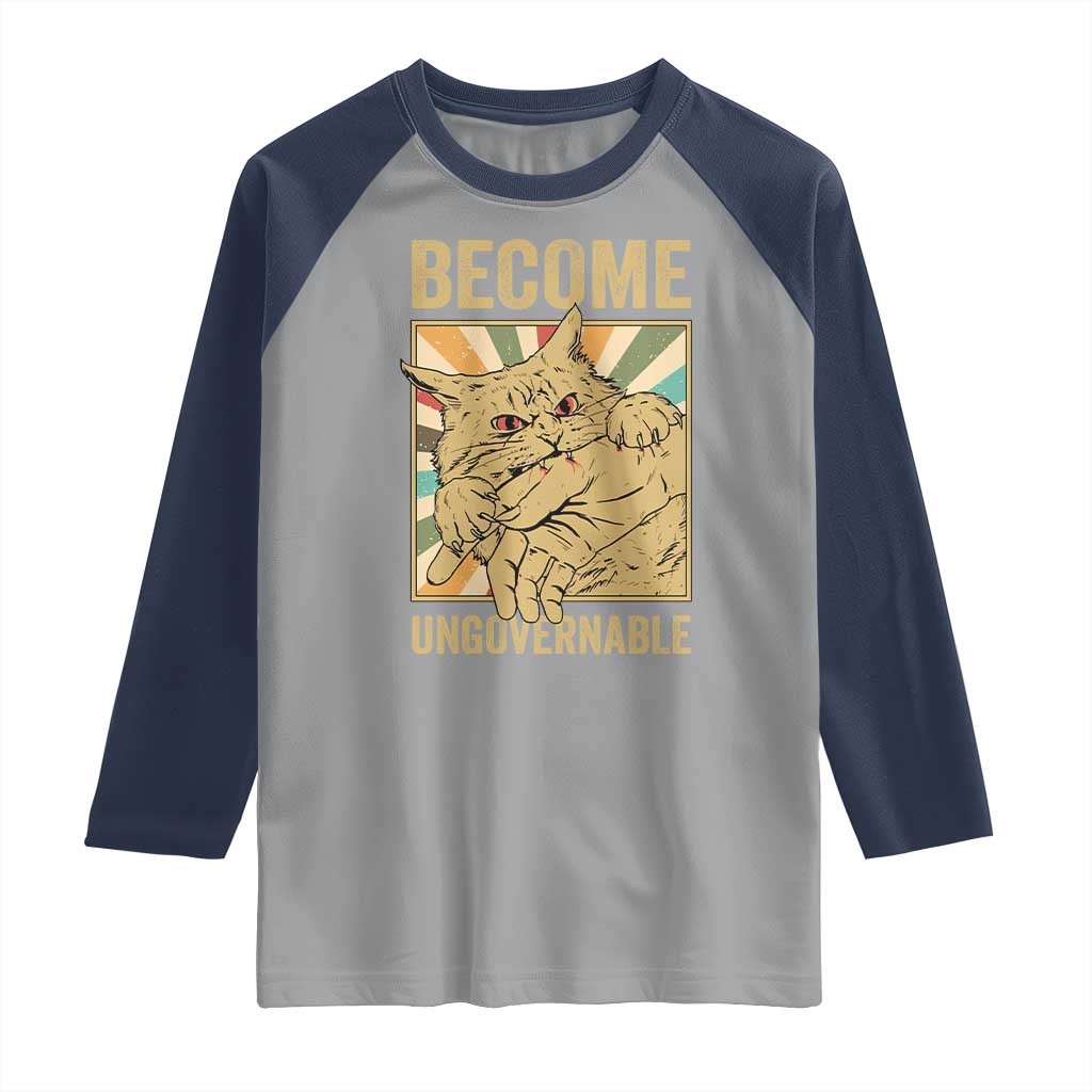 Become Ungovernable Cat Raglan Shirt Funny Retro Cat Bite Horror Anime - Wonder Print Shop