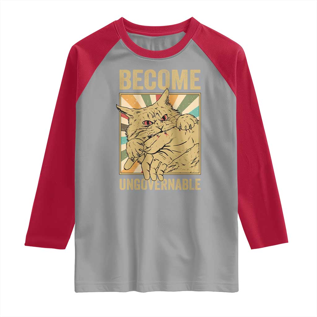 Become Ungovernable Cat Raglan Shirt Funny Retro Cat Bite Horror Anime - Wonder Print Shop