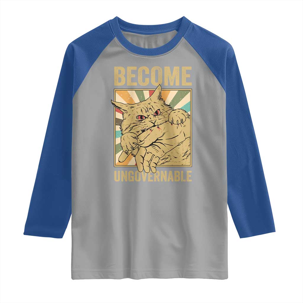Become Ungovernable Cat Raglan Shirt Funny Retro Cat Bite Horror Anime - Wonder Print Shop