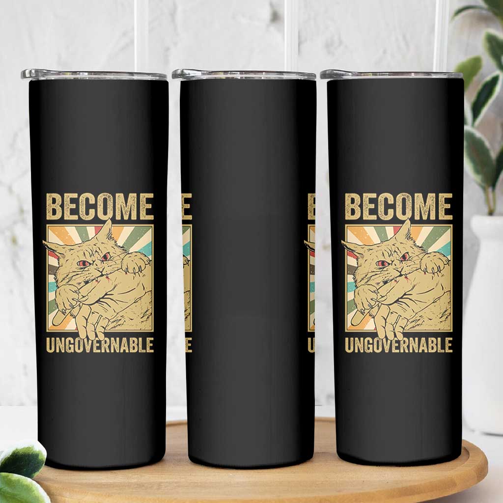 Become Ungovernable Cat Skinny Tumbler Funny Retro Cat Bite Horror Anime - Wonder Print Shop