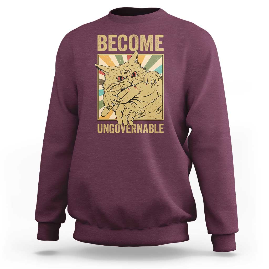 Become Ungovernable Cat Sweatshirt Funny Retro Cat Bite Horror Anime - Wonder Print Shop