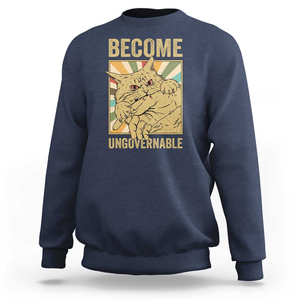 Become Ungovernable Cat Sweatshirt Funny Retro Cat Bite Horror Anime - Wonder Print Shop