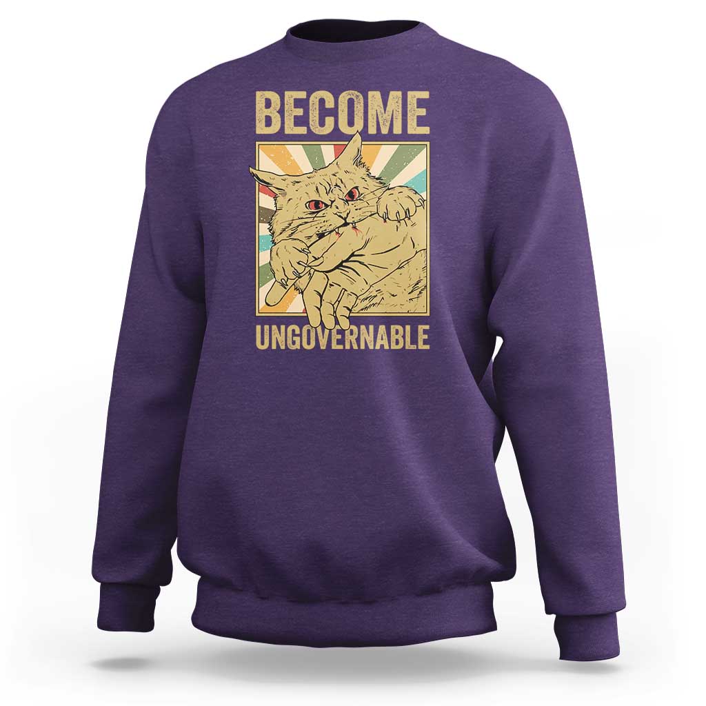 Become Ungovernable Cat Sweatshirt Funny Retro Cat Bite Horror Anime - Wonder Print Shop